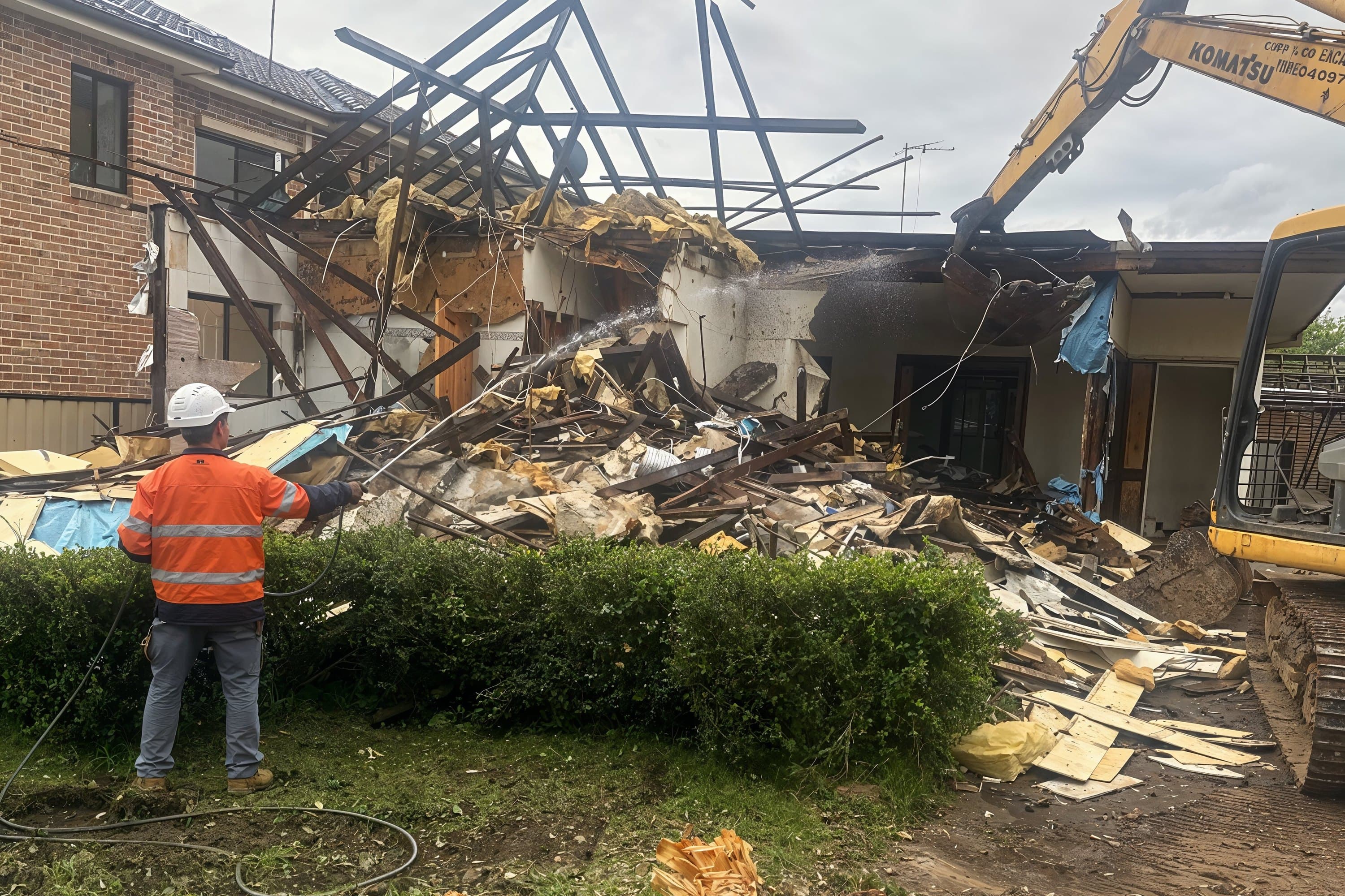 House demolition in progress with excavator